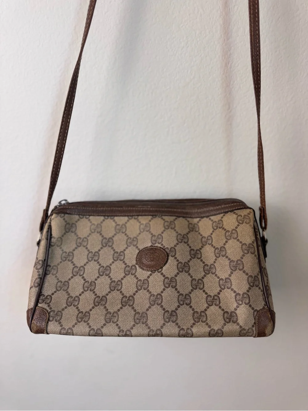 Vintage Gucci Brown & Beige GG Canvas Crossbody Bag
